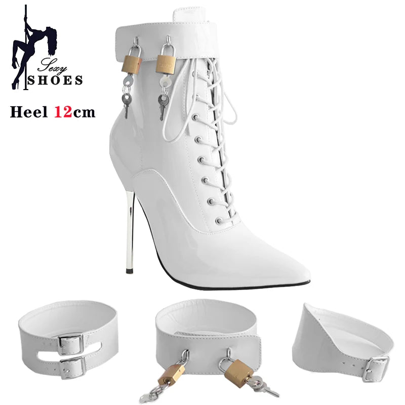 New High Heel 12cm Stiletto Sexy Ankle Boots Pointed Toe Two Lockable Padlocks