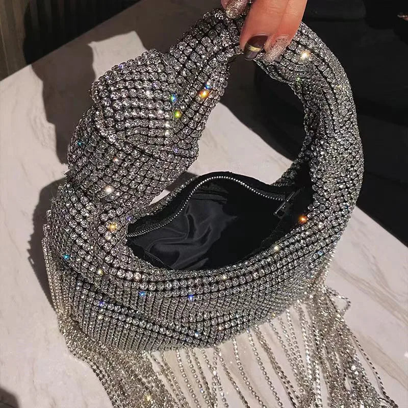 Women Handbags 2023 Luxury Diamonds Bow Tassel Evening Bag Designer Rhinestone Beading Shinny Shoulder Crossbody Bag Flap Purses