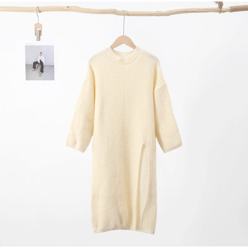 Long Sweater High Split  Loose   Knit Pullover.