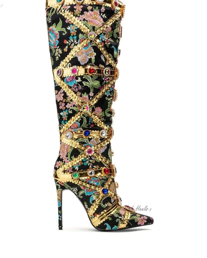 Crystal Gem Sliver Metallic Leather Knee High Boots Pointed