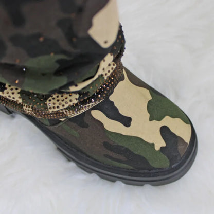 Camouflage Pleated  Rhinestone  Boots