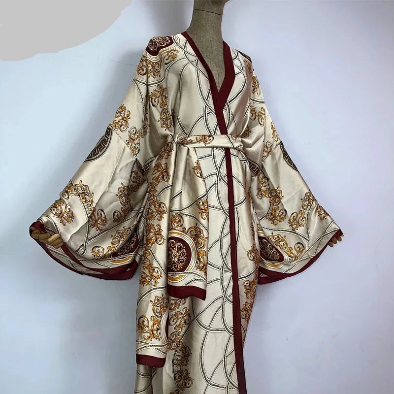 Print Self Belted Front Open Long Kimono kaftan Wrap Dresses