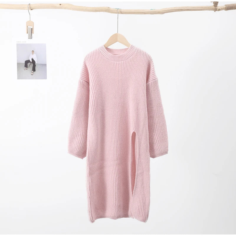 Long Sweater High Split  Loose   Knit Pullover.