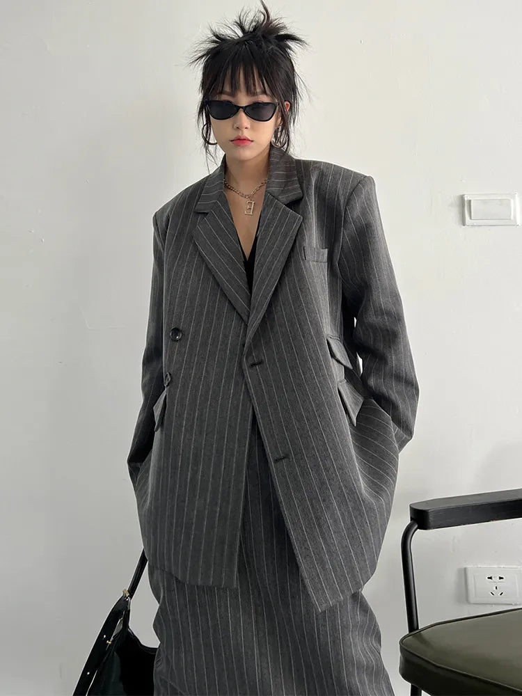 Funky Style Skirt Blazer  Pin  Striped Big Size Two Pieces Suit