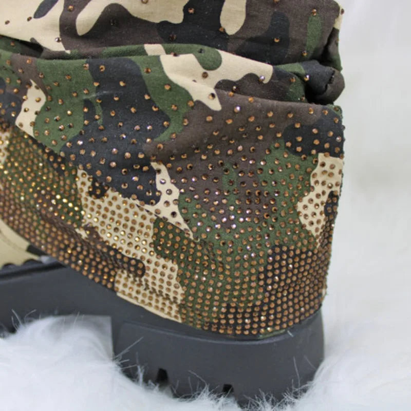 Camouflage Pleated  Rhinestone  Boots