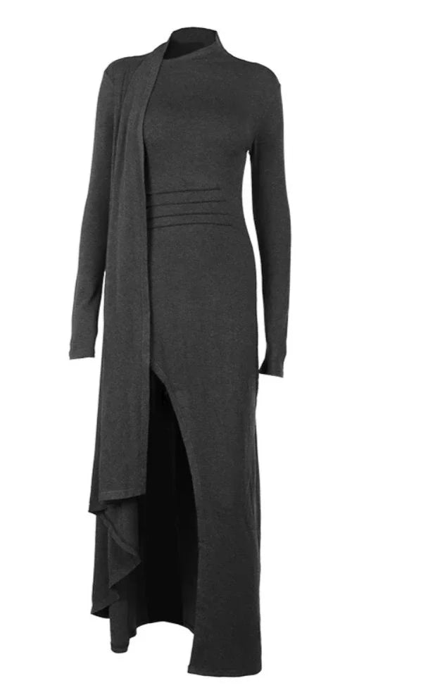 Asymmetrical Gray Knit Long Dresses and sweater jacket