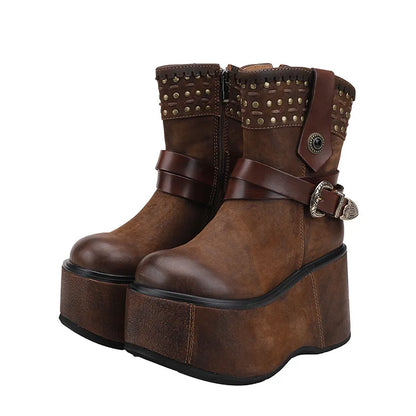 Genuine Leather Wedges Mid-Calf Boots