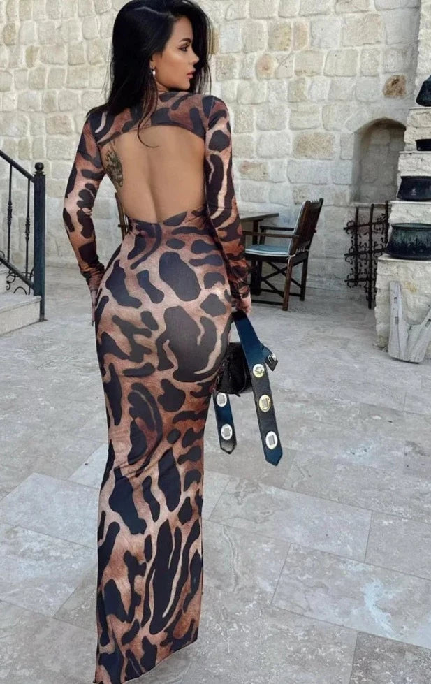 Cut Out Backless Long Sleeve Maxi Dresses