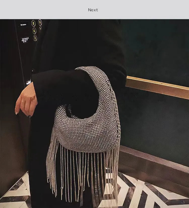 Women Handbags 2023 Luxury Diamonds Bow Tassel Evening Bag Designer Rhinestone Beading Shinny Shoulder Crossbody Bag Flap Purses