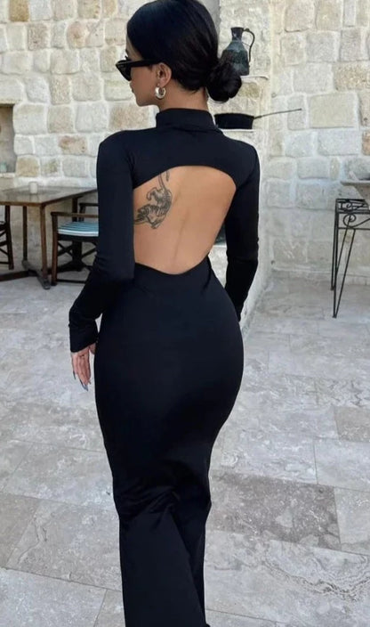 Cut Out Backless Long Sleeve Maxi Dresses