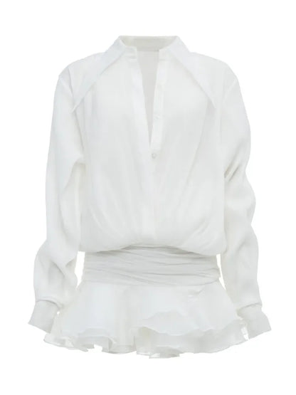 TARUXY New White Chiffon Dress For Women Casual Ruffled Pleated Mini Dress See-through Loose Oversized Shirt Dress Cover-Up 2024