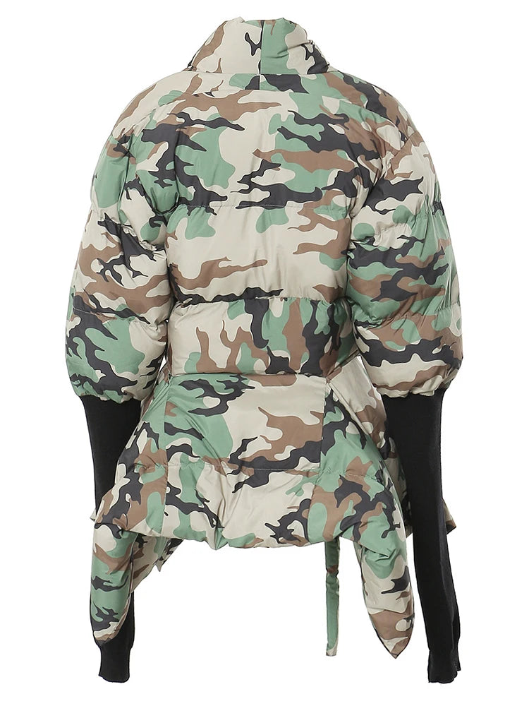 High Fashion  Cotton-padded Coat Camouflage Knitted Sleeve Parkas Jacket