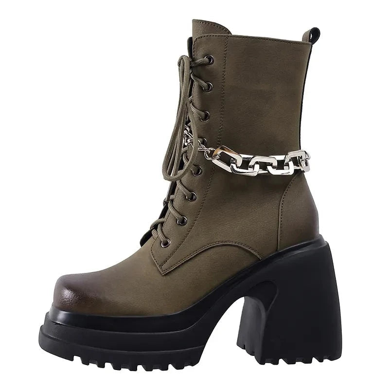 Leather Chunky  Heels Platform Boots