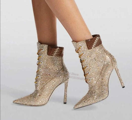 Rhinestone Boots Pointed Toe Thin Heel Ankle Boots