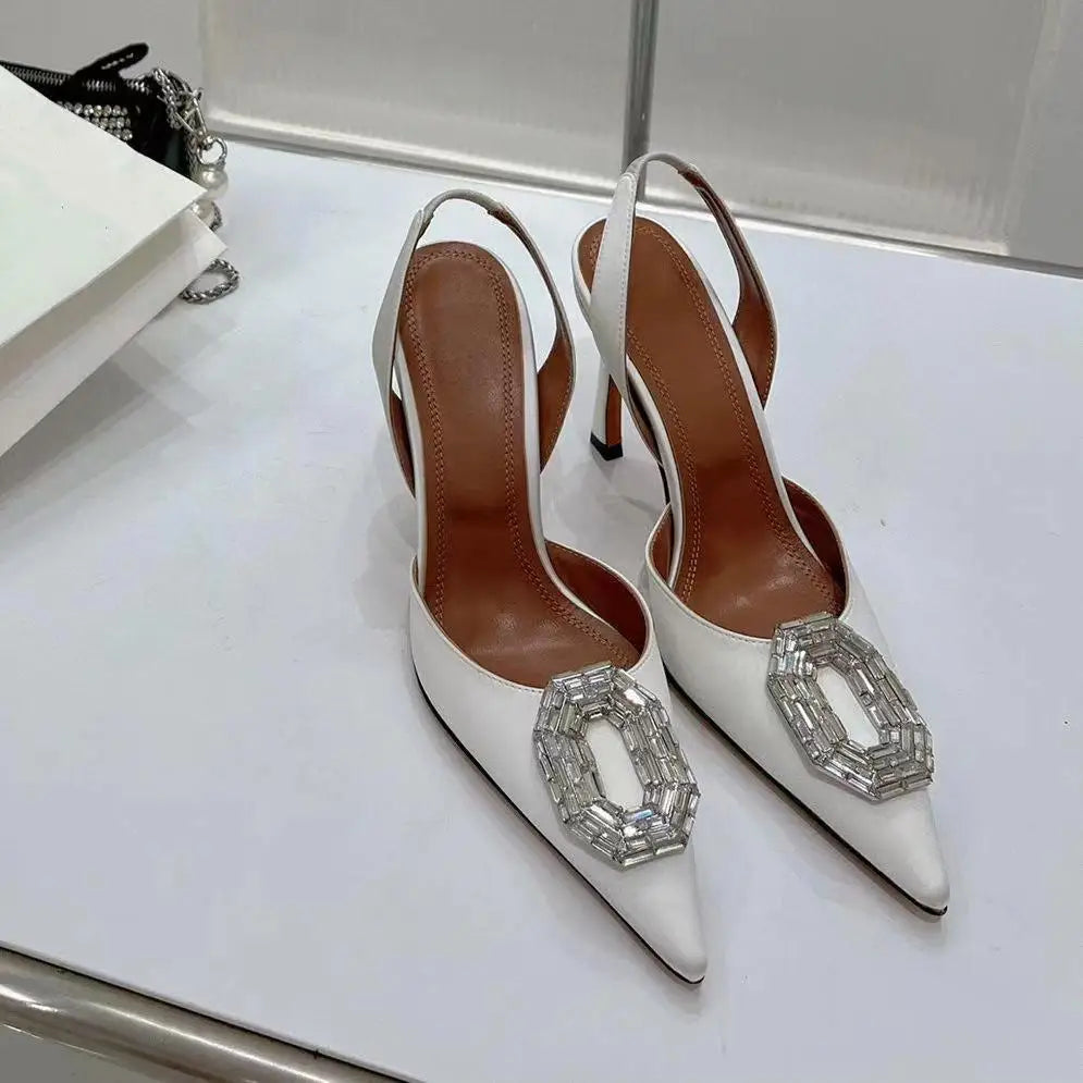 Pointy Diamond Button Silk Sandals Thin High-heeled