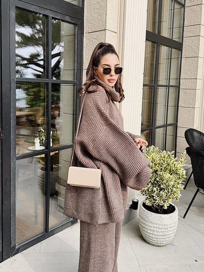 Solid Turtleneck Sweater And Pants Two Piece Set