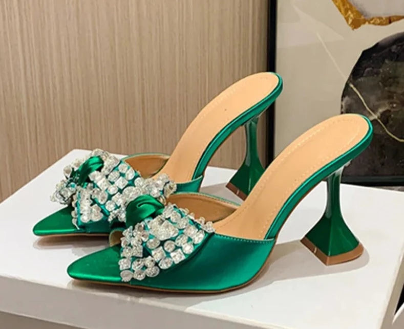 Crystal Butterfly-Knot Satin Cube  Heel Pointed Toe Mules