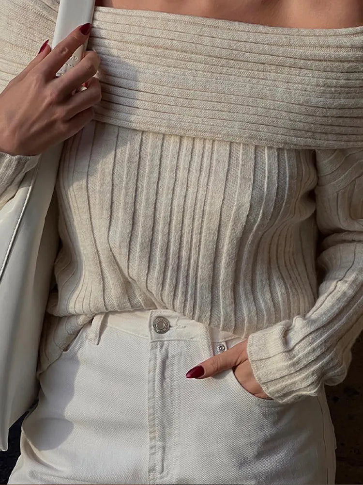 Elegant Solid Slash Neck Sweater