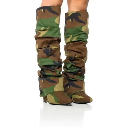 Camouflage Pleated Wedge Knee Boots