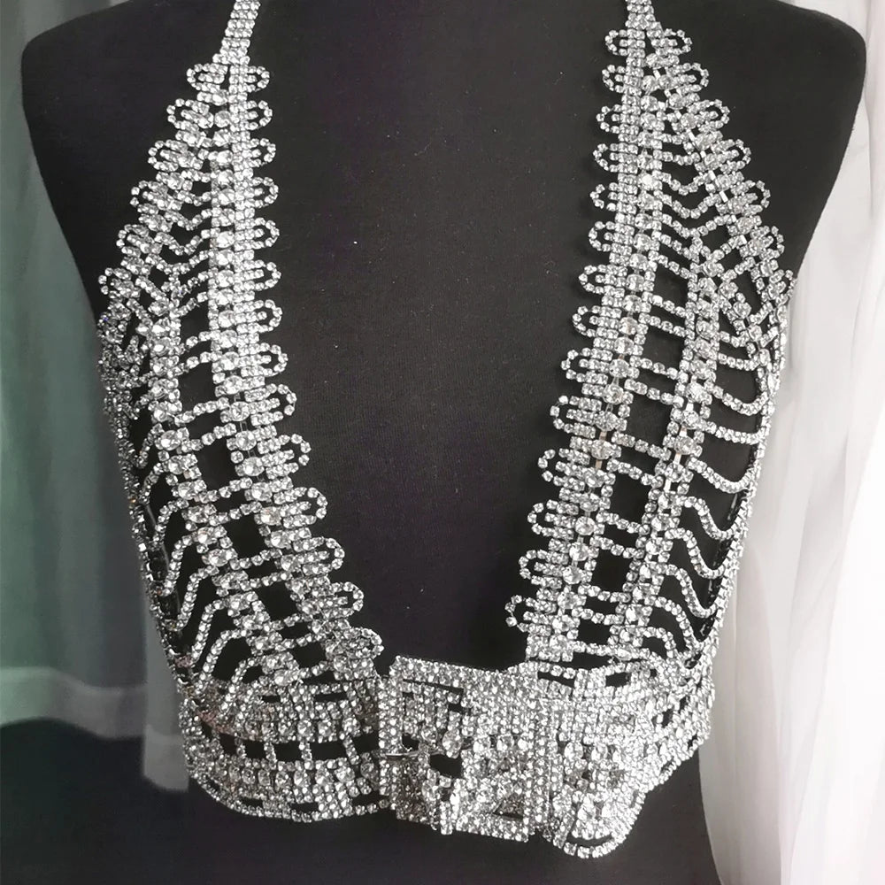 Sexy  V-neck  Rhinestone Crystal  Bra with Adjustable belt