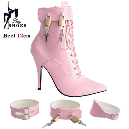 New High Heel 12cm Stiletto Sexy Ankle Boots Pointed Toe Two Lockable Padlocks