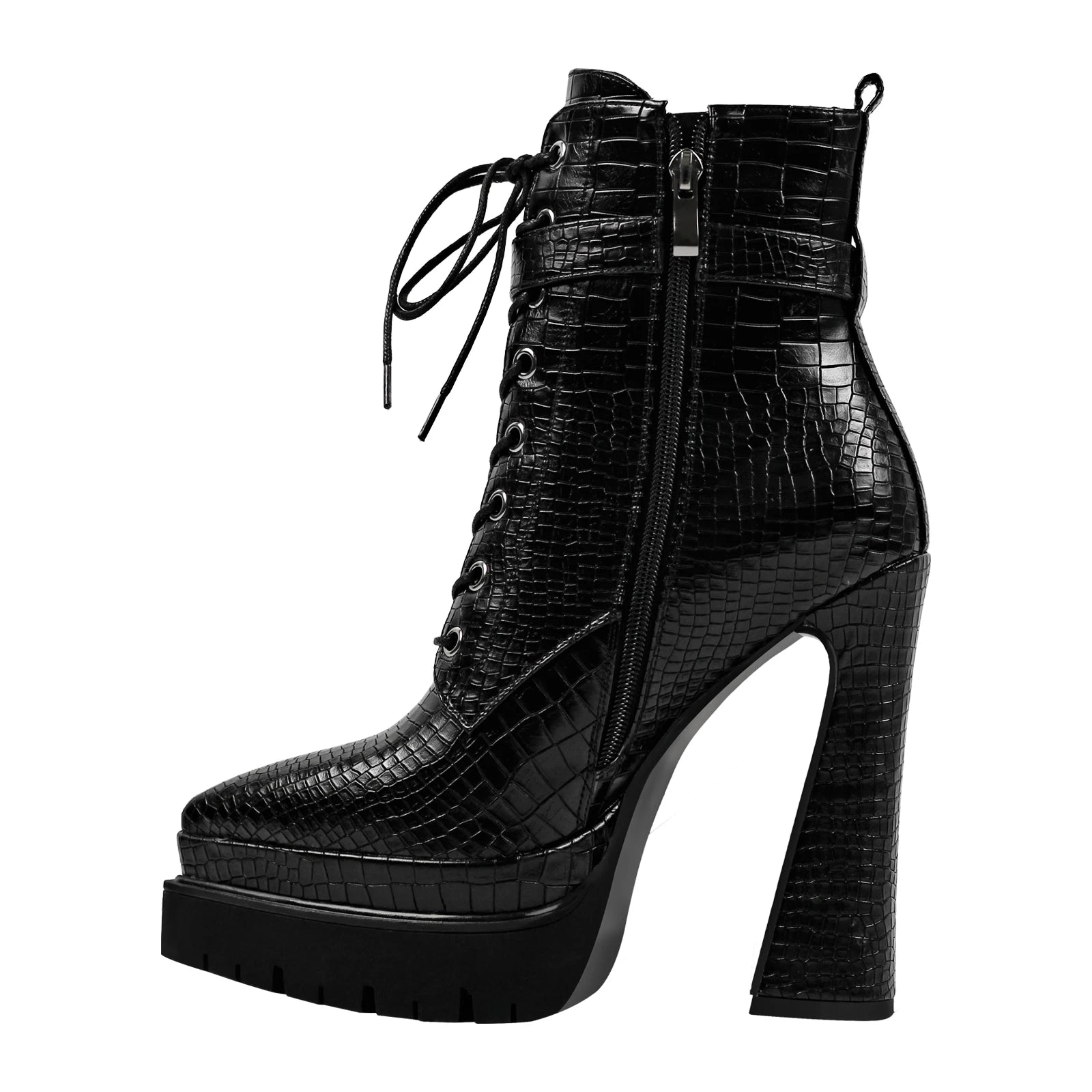 Black Booties Double Platform  Side Zipper Lace-up Ankle Boots