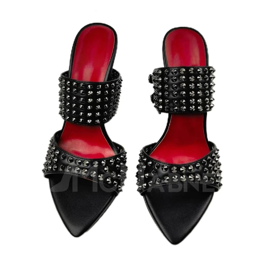 Metallic Studded Rivet Leather Pointed Toe Stiletto Slippers Mules