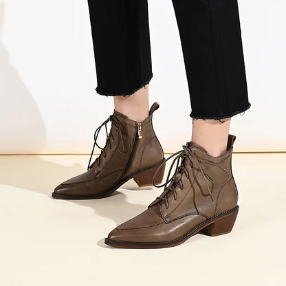 Genuine Leather Retro Women Pointed Toe Lace-Up  Ankle Boots