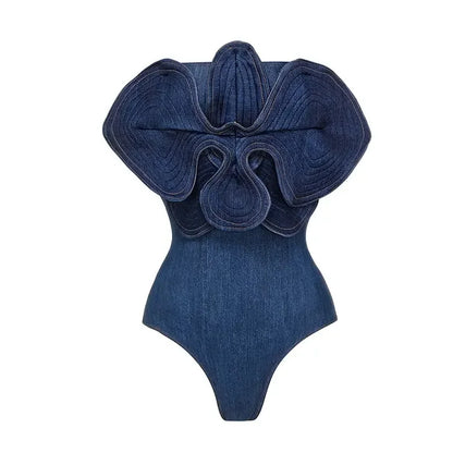 Off Shoulder 3D Flower denim printed bodysuit with pants