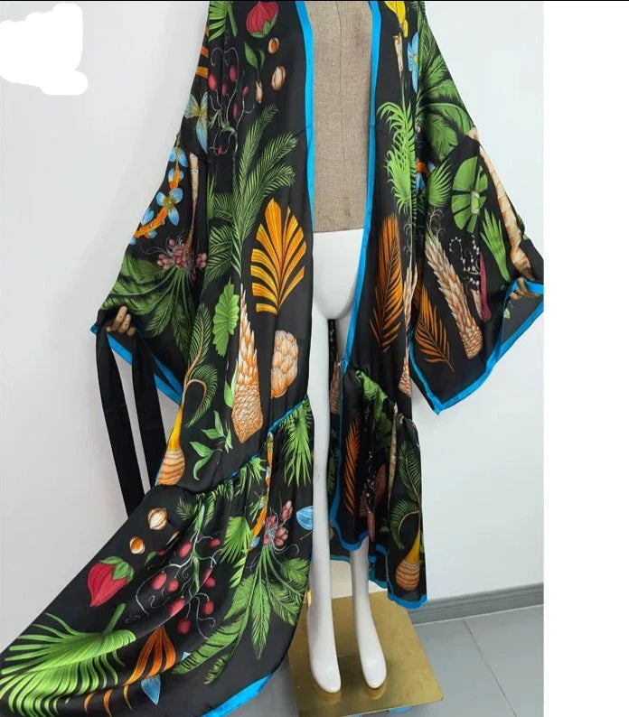 WINYI Bikini Cover-ups Black Retro Fashion printing Self Belted Women Summer Clothing Kimono Dress Beach Wear Swim Suit Cover Up