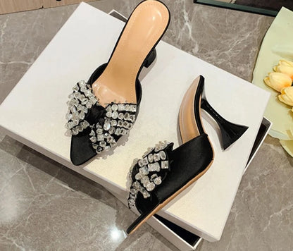 Crystal Butterfly-Knot Satin Cube  Heel Pointed Toe Mules