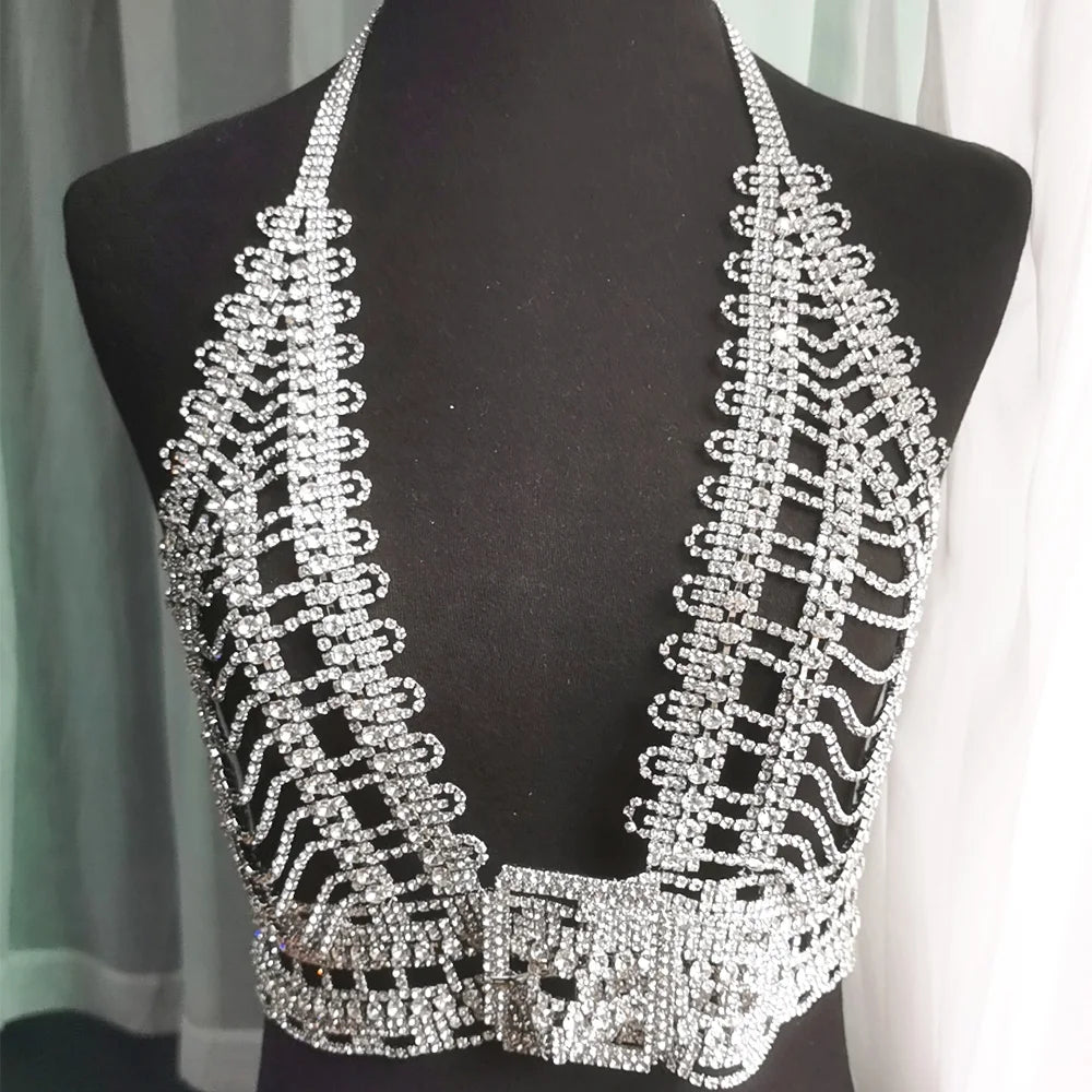 Sexy  V-neck  Rhinestone Crystal  Bra with Adjustable belt