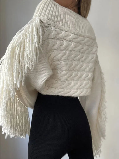 White Off Shoulder Tassels Sweater