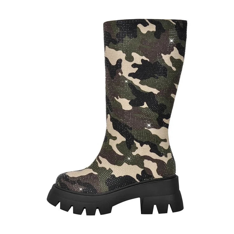 Women Platform Rhinestone Camouflage  Mid Calf Boots Chunky Heel