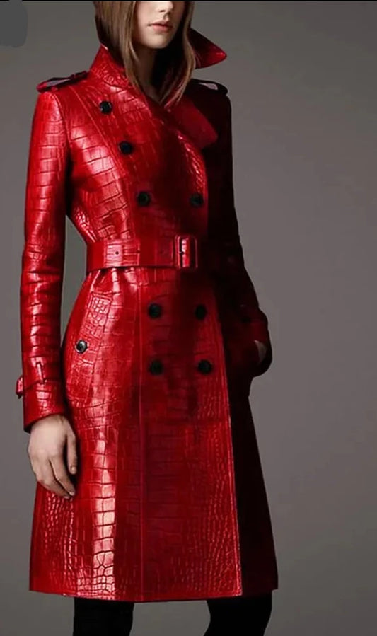 Long Red Crocodile Print Leather Trench Coat, Belt Double Breasted Elegant British Style.
