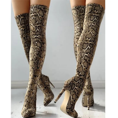 Snake Print Stretch Over Knee  boots
