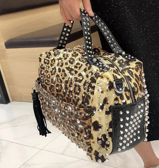 Retro Leopard Rhinestone studded, Rivet Shoulder Bag