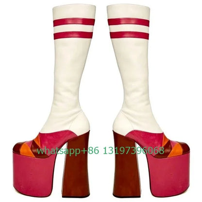 Lady white colorful PU Platform knee boots