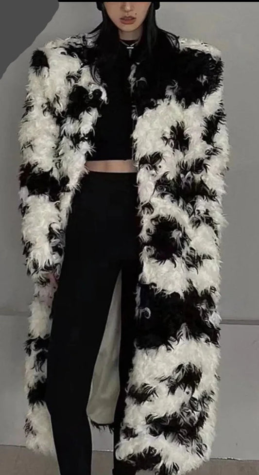 Black White Lambswool Fur Coats