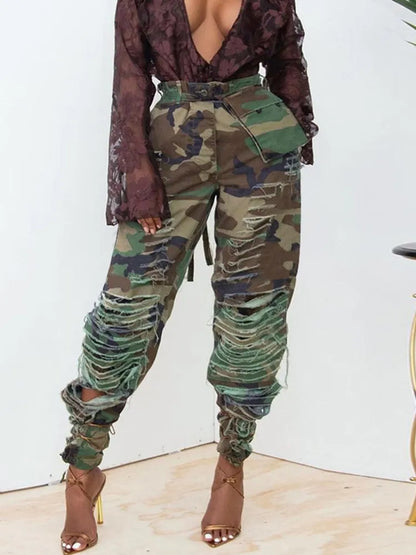 Safari Style Camouflage Camo Print Cargo Trousers Ripped