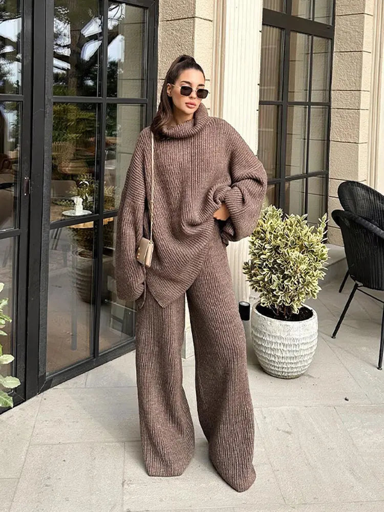 Solid Turtleneck Sweater And Pants Two Piece Set