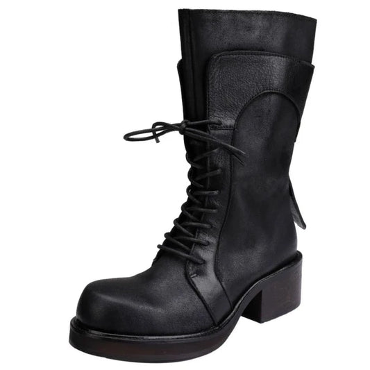 Retro    Genuine Leather Thick-soled Women Combat Boots
