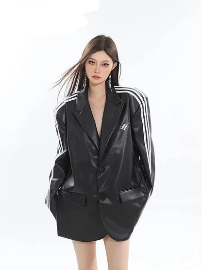 New  Leather Coat Striped Single Breasted Full Sleeve Black Loose  Blazer Coat
