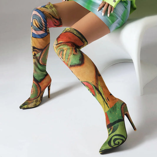 Art Graffiti Over Knee Boots Pointed Toe